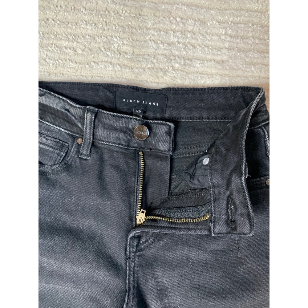 Risen Jeans Black Distressed Flare Rhinestone Chain Fringe Jeans Size 0/24 - Picture 9 of 16